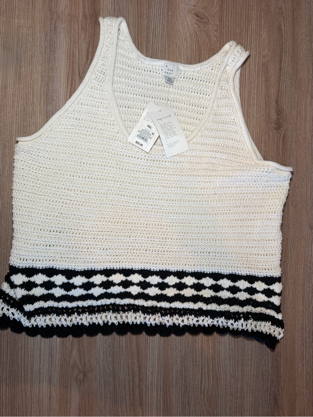a new day Cream Crochet Tank with Black Patterned Hem